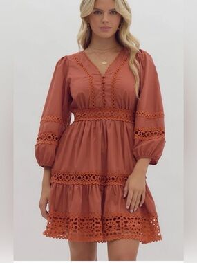 NWOT Entro Rust Lace Inset Smocked Waist Mini Dress S